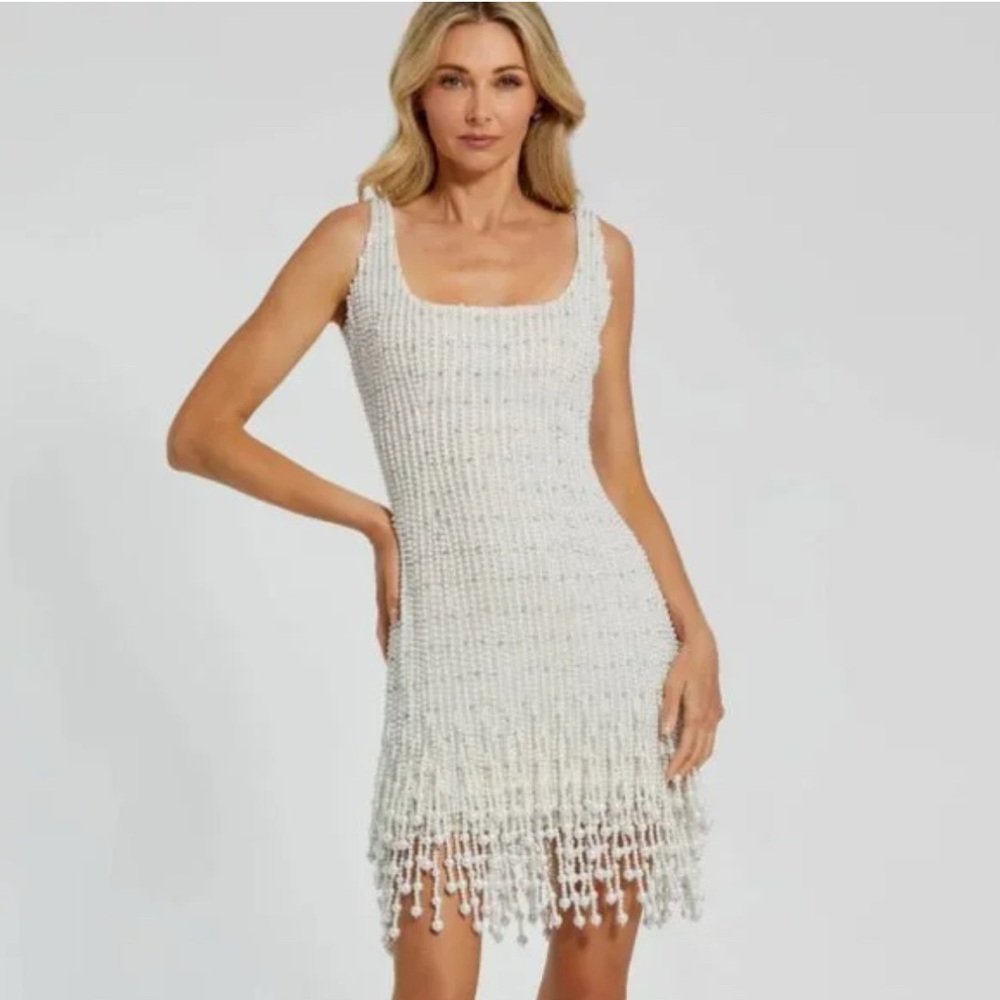 Mac Duggal Ivory Pearl Beaded Mini Dress | Wedding Reception/After Party, Size 6